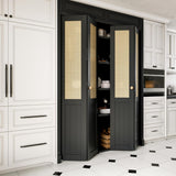 60'' x 80" Rattan Bifold Closet Door, Cane Webbing Wood Interior Door Slab, Build Quality Black Fold