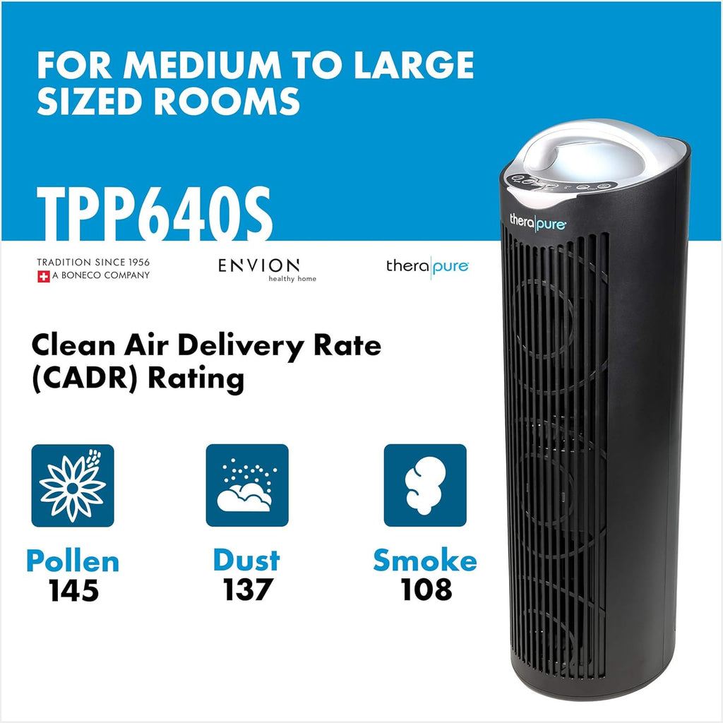 Therapure TPP640 Air Purifier Tower with Air Sensor, Handle, and Remote Control (Black)