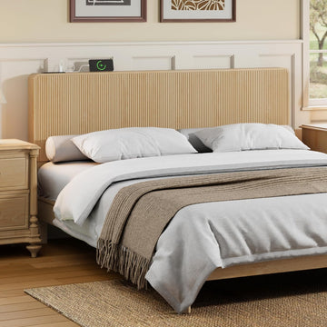 Wood Fluted Headboard King, Modern Wall Mounted Headboard King Headboard Only with 2 Outlets and USB & Type C Port