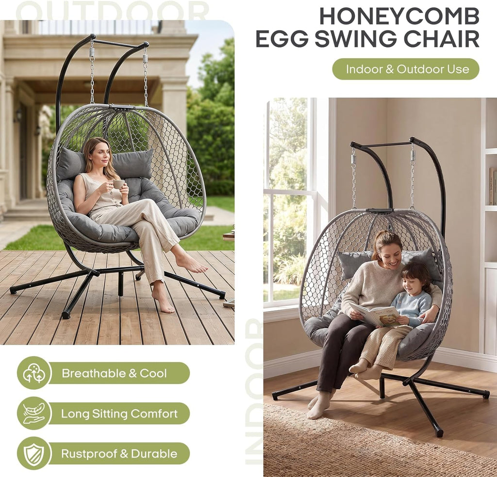 Double Egg Chair with Stand for 2 Persons, Oversized Patio Hanging Basket Chair, Honeycomb Wicker Swing Chair with