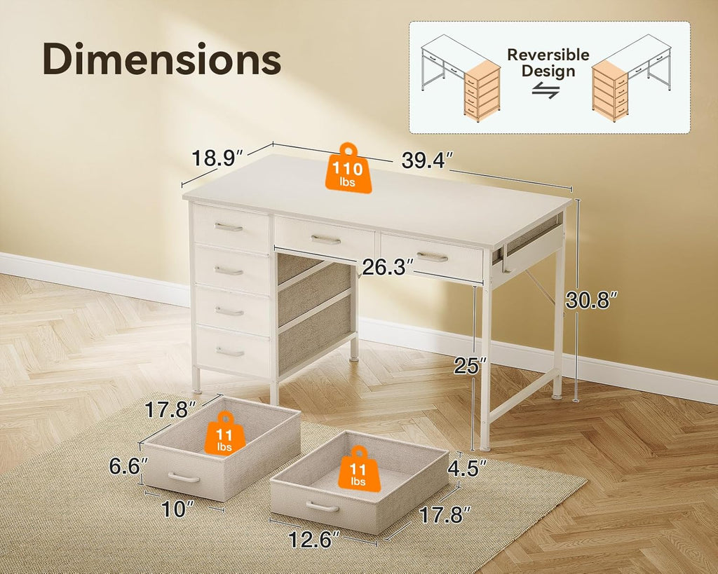 Computer Desk with 6 Drawers, 40 Inch Small Desk with Storage, Reversible Desk with Headphone Hook, Work Study Table