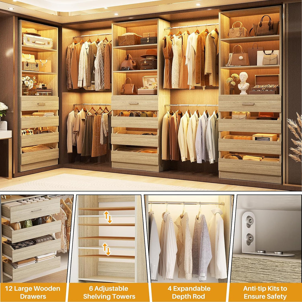 Closet System with 12 Drawers, 8.5-11.5Ft Wood Closet Organizer System with 4 Hanging Rods & 3 Towers, 4Ft & 6Ft
