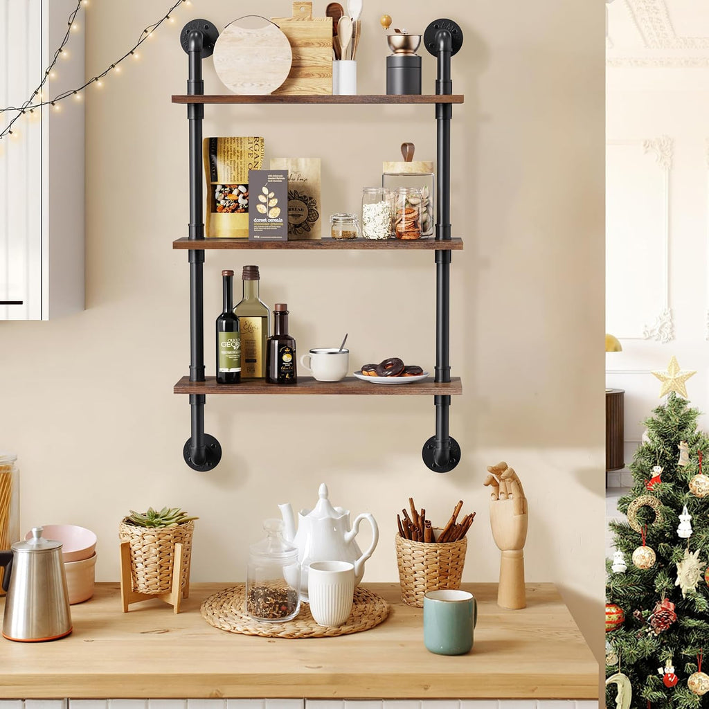 3 Tier Rustic Floating Shelves Industrial Pipe Floating Shelf | Wall Mounted for Wall, Kitchen Storage Shelves