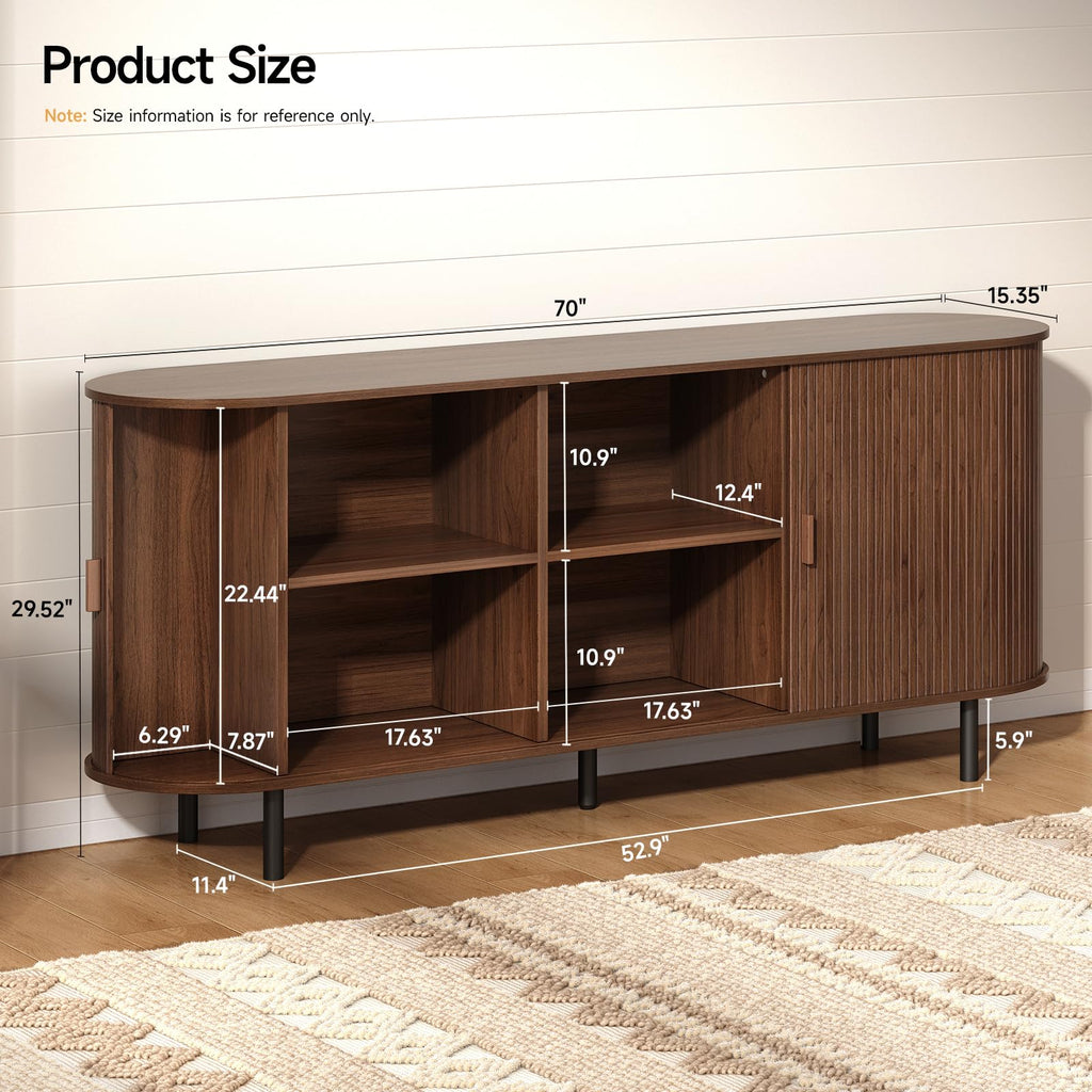 70" Sideboard Buffet Cabinet, Sliding Door/Adjustable Shelf, Walnut