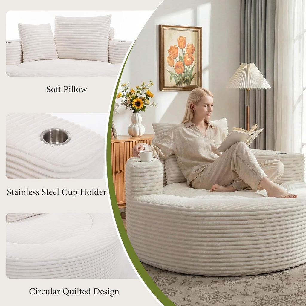 55.5" Oversized Round Chaise Lounge Chair Indoor, Corduroy White | Modern Upholstered Boneless Chair, Deep Seat