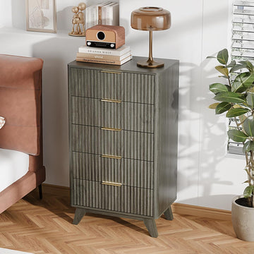 Fluted Tall Dresser 5 Drawer, 23.66" W Chest of Drawers Gray Wood Dresser with Rounded Edges, Grey Dressers , 23.66"