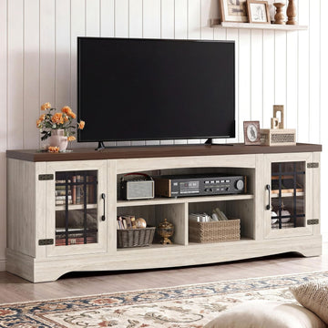Farmhouse TV Stand for 75 Inch TV, Light Oak & Walnut | 2 Storage Cabinets, Open Shelves, Grid Glass Doors