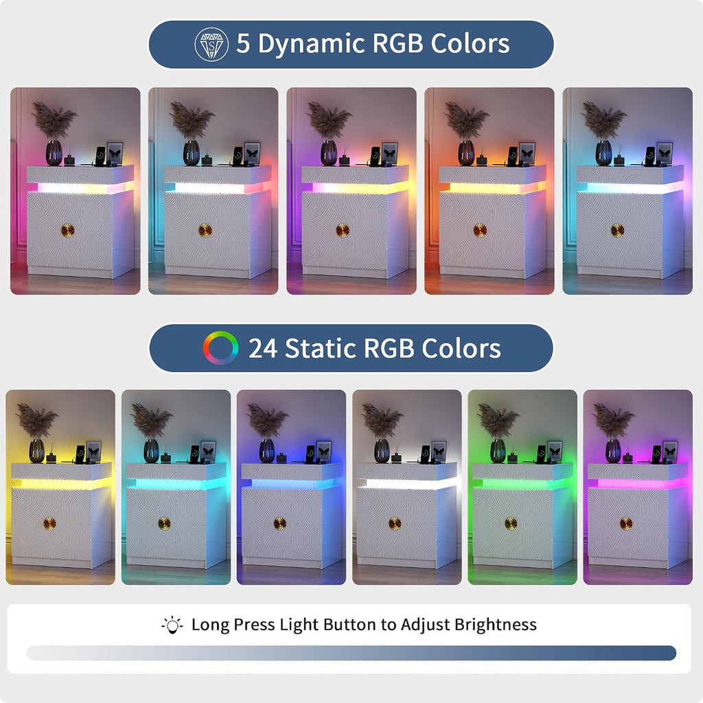 LED Nightstand with RGB Light and Lockable Hidden Drawer ,White | Night Stand with 2 Drawer, Smart Bedside Table with