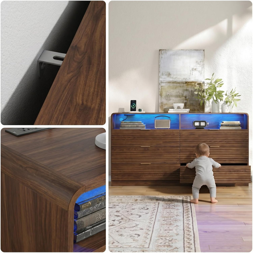 55'' Wide Fluted 6 Drawers Dresser with 2 Cubbies, LED Dressers & Chests of Drawers with Power Outlet, Fluted Dresser