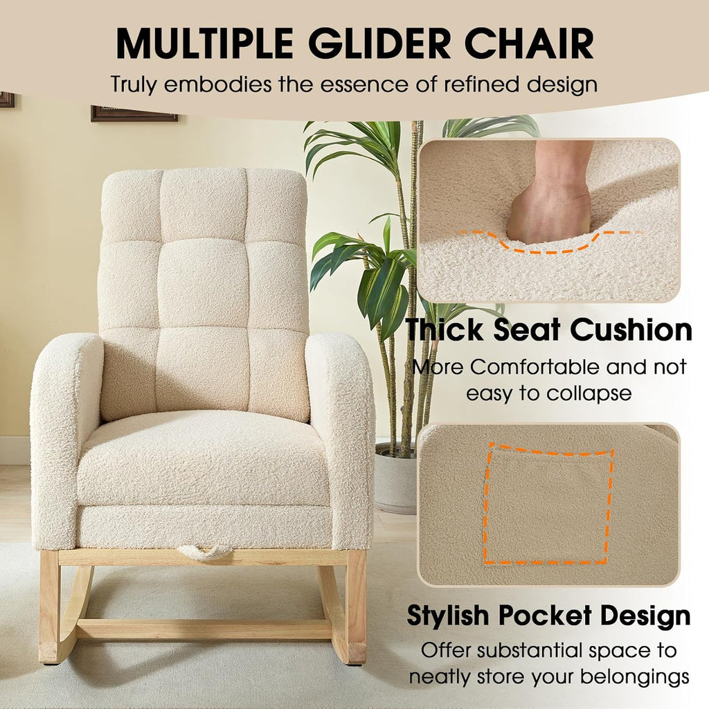 Modern Nursery Rocking Chair, Teddy Upholstered Rocking Chair with Footrest, Comfortable Rocker Glider with Side