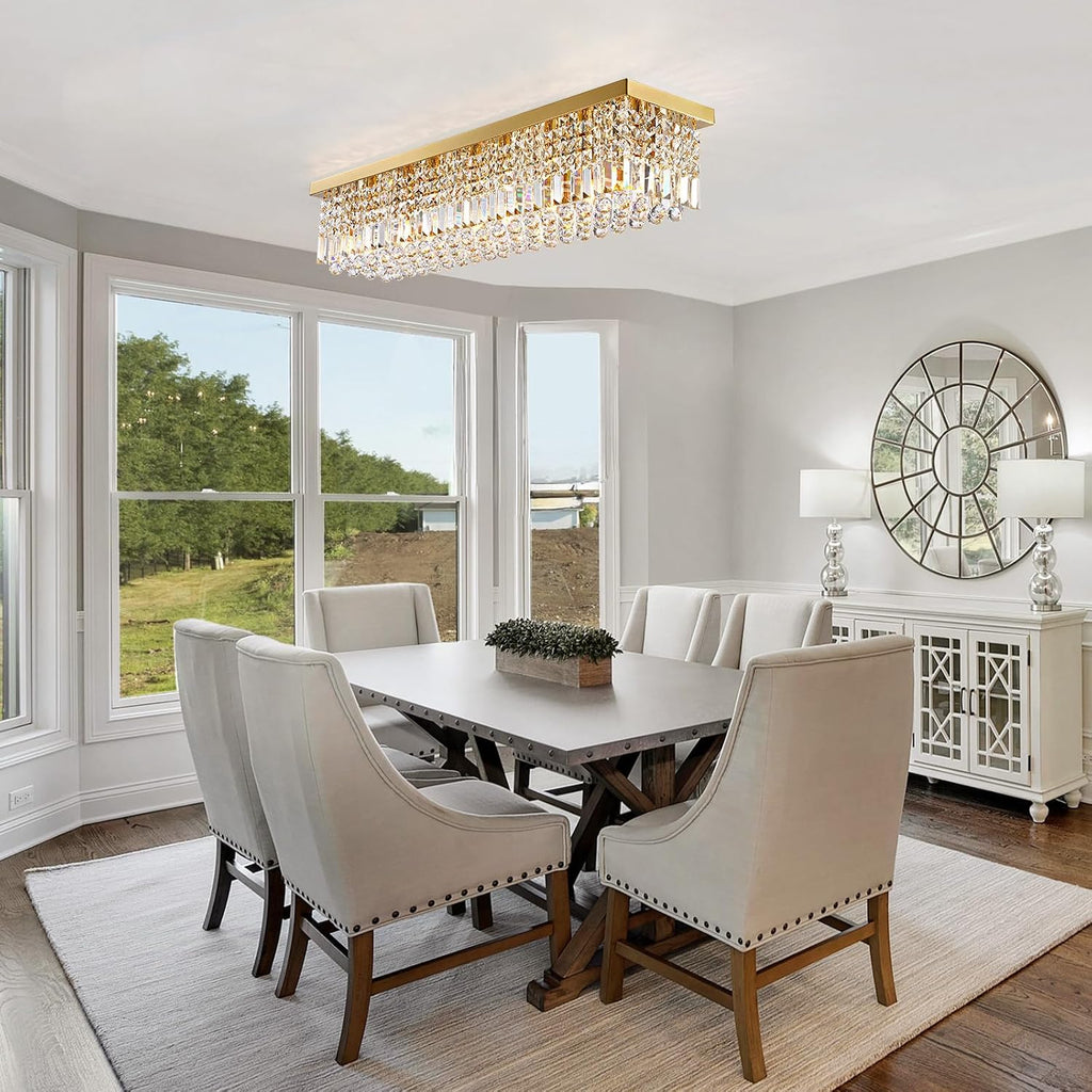Rectangle Chandelier 8-Light Crystal Chandeliers, Modern Dining Room Light Fixture Luxury Gold Rectangular Flush