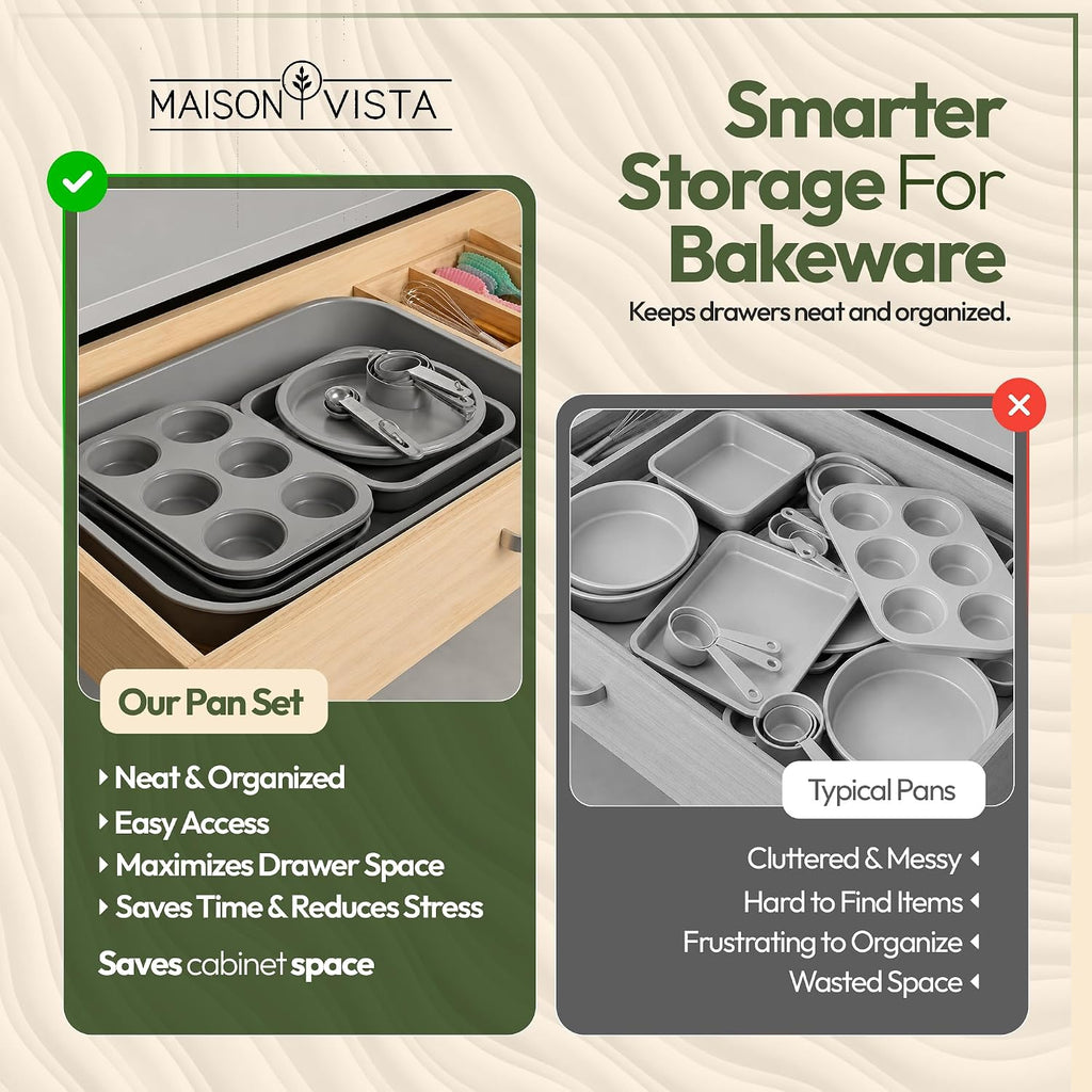 Non-Toxic 11-Piece All-in-One Nesting Bakeware Set - Space-Saving Stackable Nonstick Carbon Steel Pans Set