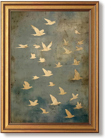 Vintage Gold Framed Wall Art Flying Bird Pictures Wall Decor | Modern Abstract Landscape Paintings, Nature