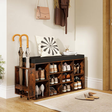 Shoe Storage Bench with Umbrella Stand, 10-Cubby Entryway Shoe Rack Organizer with Padded Seat, Adjustable &