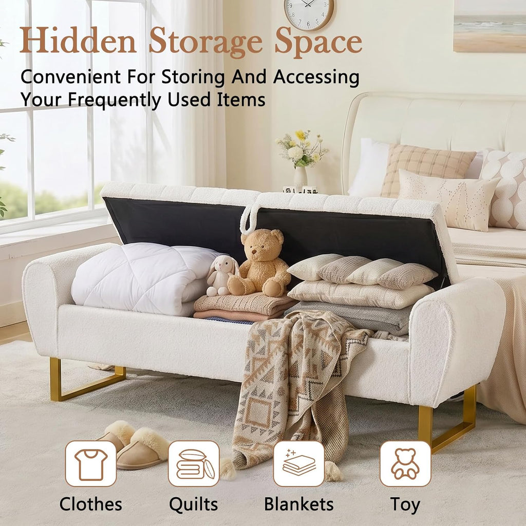 67'' King Size End of Bed Storage Bench ,Teddy Bedroom Benches for Foot of Bed King with Gold Legs, Storage Ottoman