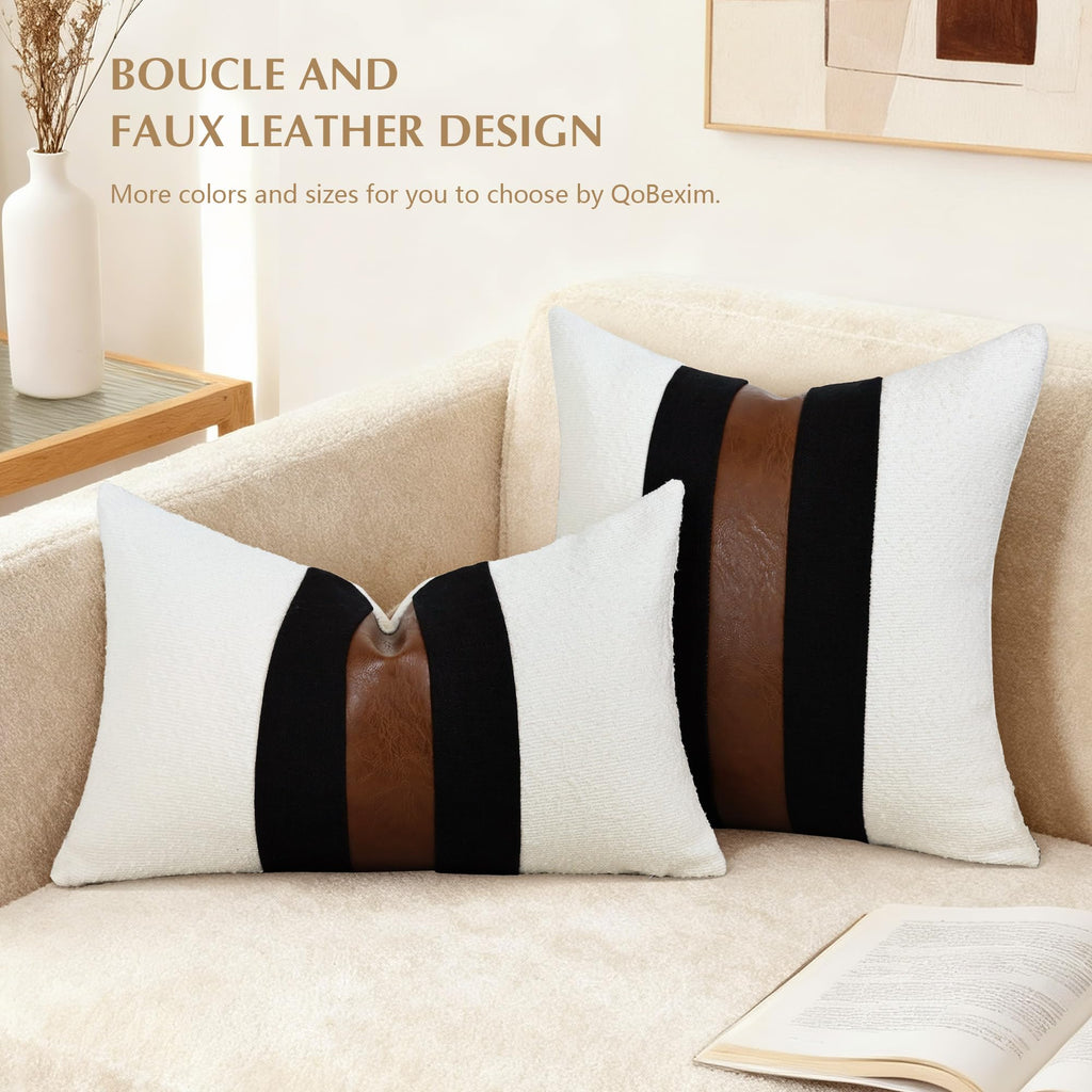 Boucle Patchwork Black Linen Throw Pillow Covers 12x20 Inch