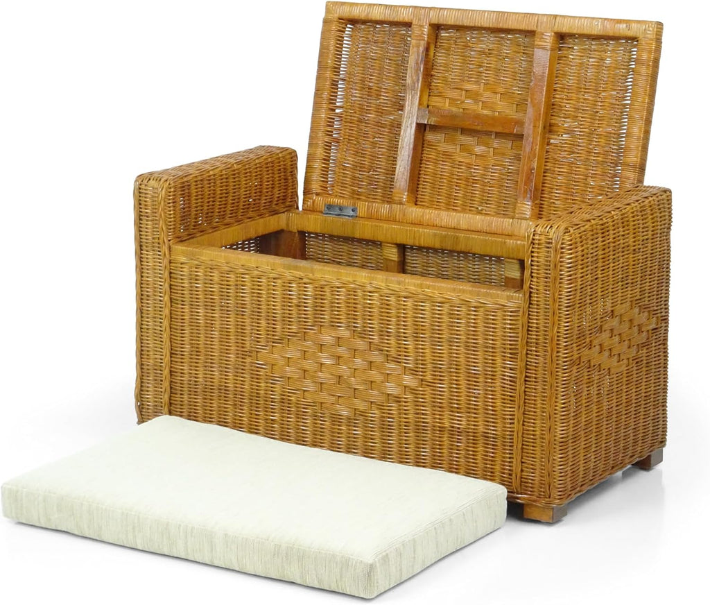 Bruno Handmade 32 Inch Rattan Wicker Chest Storage Trunk Organizer Ottoman W/Cushion Colonial