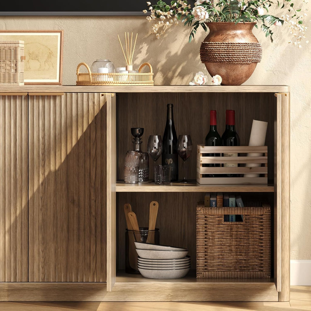 67" Fluted Oak Buffet Cabinet Sideboard with Storage, Large Credenza with 6 Doors