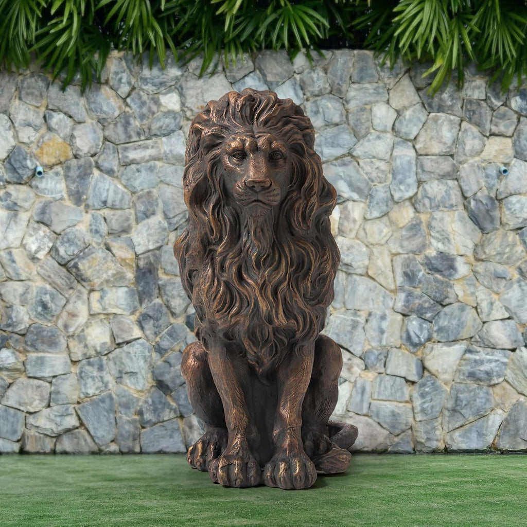 Guardian Sitting Lion Statue Regal Indoor Garden Sculpture Entrance Porch, 20.5in Tall, Bronze