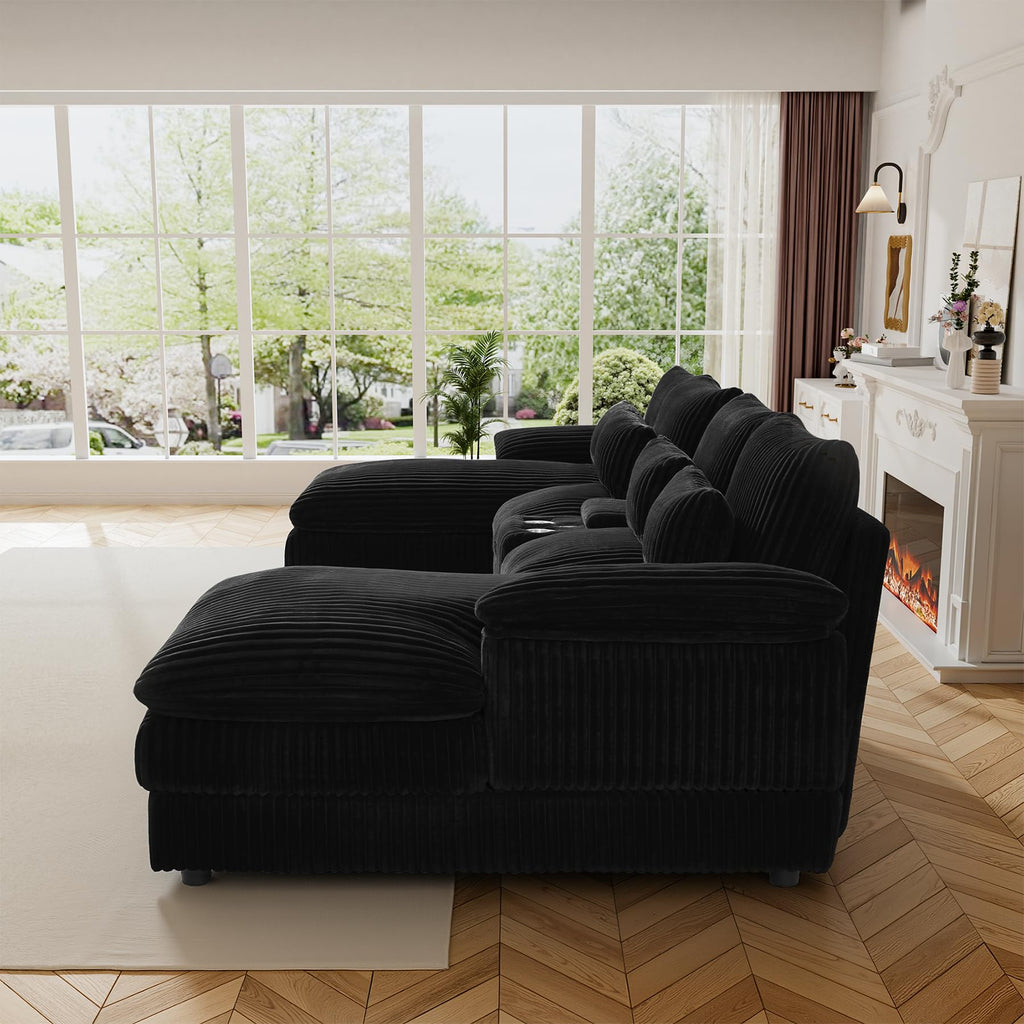 120" Cloud Couch Sectional U Shaped Black Sectional Couches, Plush Soft Comfy Fluffy Corduroy Couch Sectionals