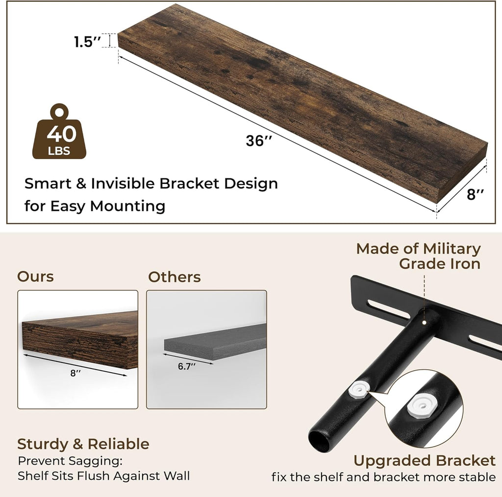 36Inch Floating Shelves for Wall 2 Pack Shelves |Kitchen|Bathroom Wall Mounted Rustic Wood Floating Shelf with