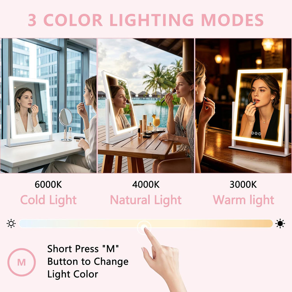 Lighted Vanity Mirror with Lights, Makeup Mirror with Light, 16.7"x 13.2",Three Color Lighting Modes and Dimmable