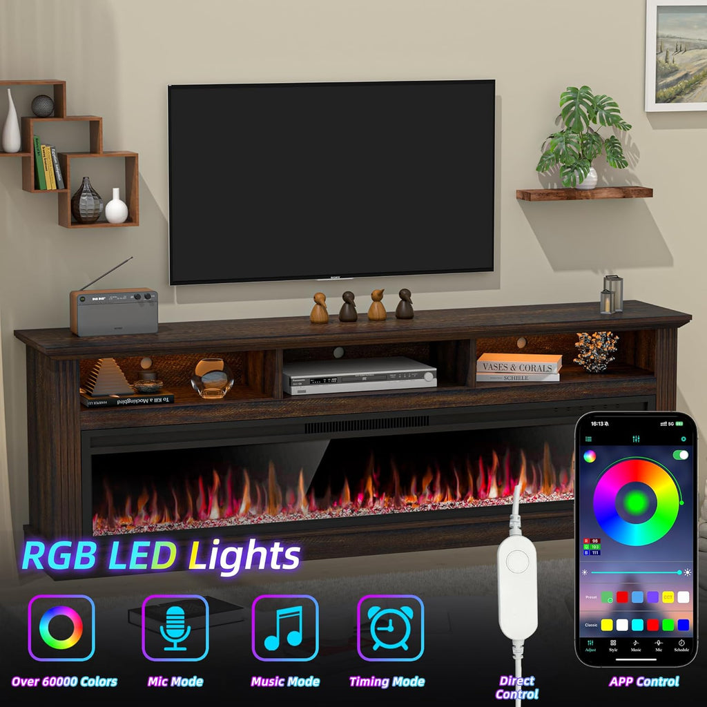 58 Inch Farmhouse Fireplace TV Stand for TVs up to 65 Inches, Entertainment Center with 52 Inch Electric Fireplace, LED Lights, Brown Media Console