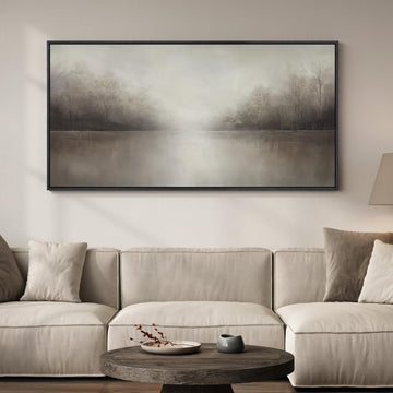 Framed Abstract Landscape Wall Art , Extra Large Brown Misty Lake Trees Canvas Artwork for Walls, Horizontal