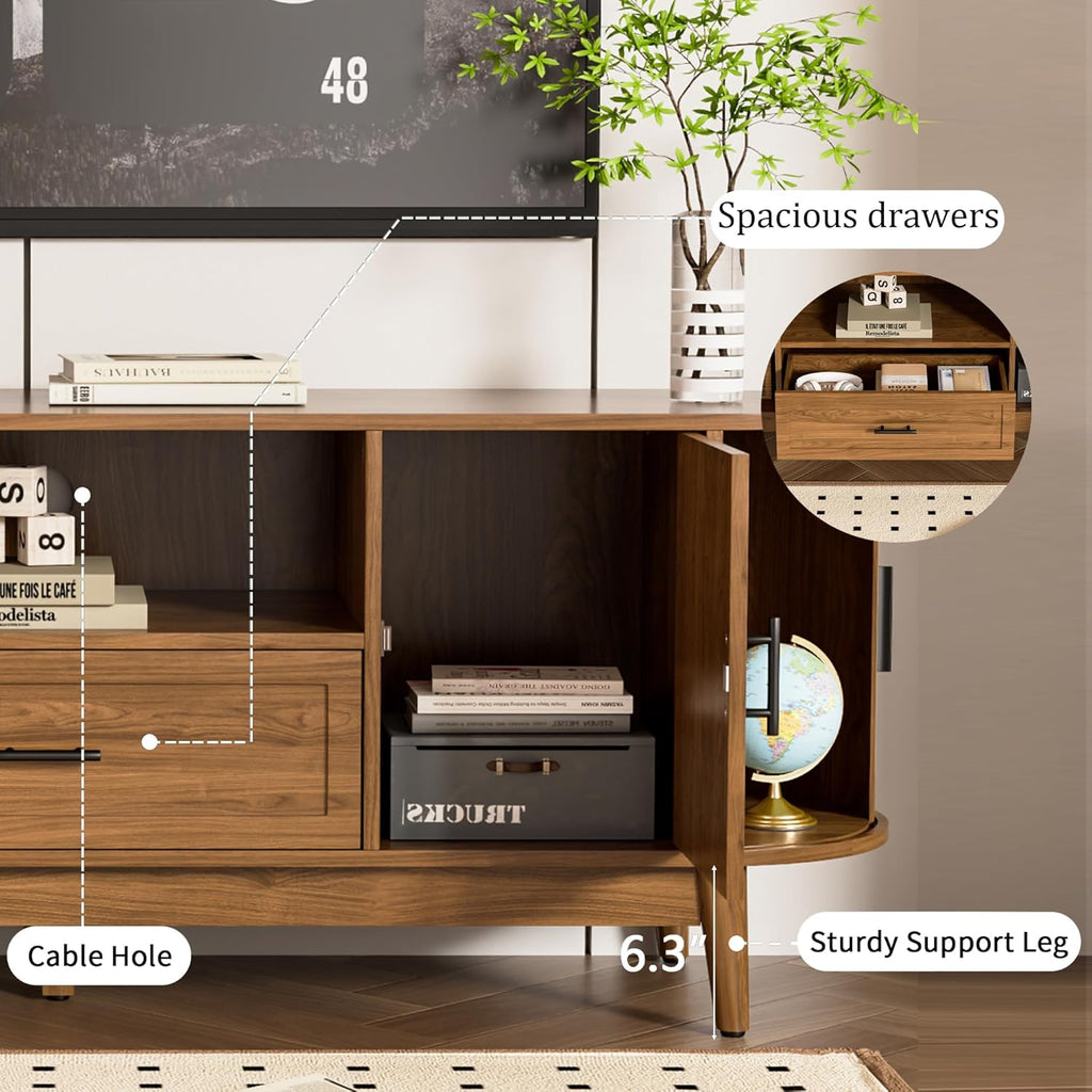 63" Fluted TV Stand for Tvs up to 70", Mid-Century Modern Entertainment Center with Drawers and Fluted Doors, Curved