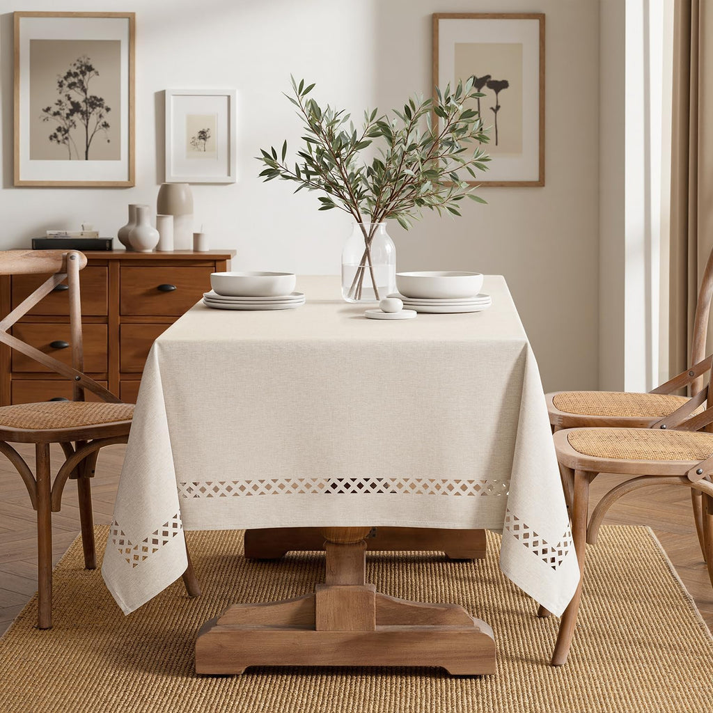 Beige Rectangle Linen Polyester Tablecloth with Decorative Cutouts Spring Waterproof Stain Resistant