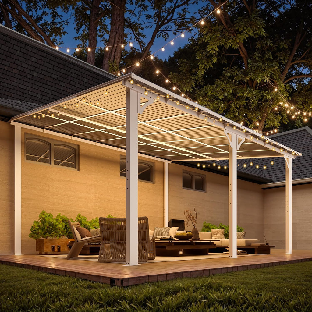 14' x 12' Hard Top Lean-to Gazebo - Aluminum Wall-Mounted Pergola with Waterproof Roof, White