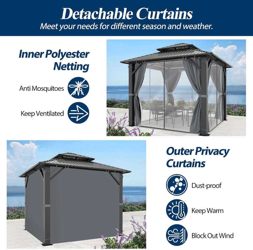 8.5' x 8.5' Outdoor Hardtop Gazebo - Aluminum Heavy-Duty Double Roof Vented Gazebo with Breathable Netting & Privacy