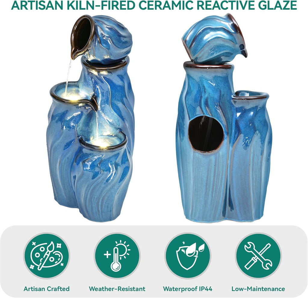 29" Outdoor Water Fountain, Ceramic Outdoor Fountain, Stacked 4-Tier Pots Waterfalls Decor, Creating Relaxing Serene
