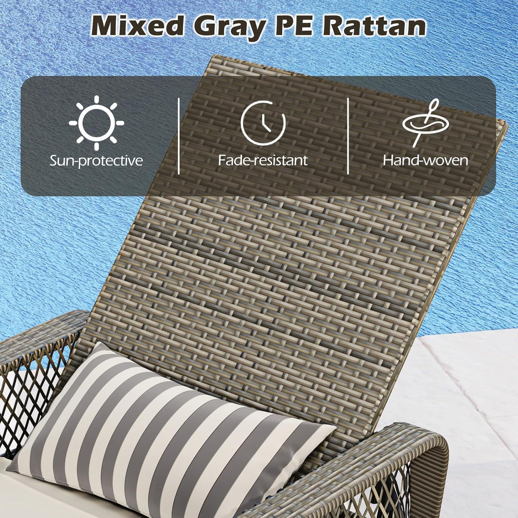 Wicker Chaise Lounge Chair, Patio Rattan Recliner with 6-Position Adjustable Backrest, Soft Cushions