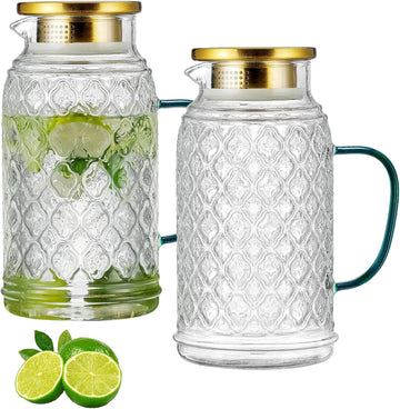 Glass Pitcher with Lid, 2 PACK 68 oz/2 Liter Vintage Water Pitcher, Clear Borosilicate Glass Water Carafe for Cold