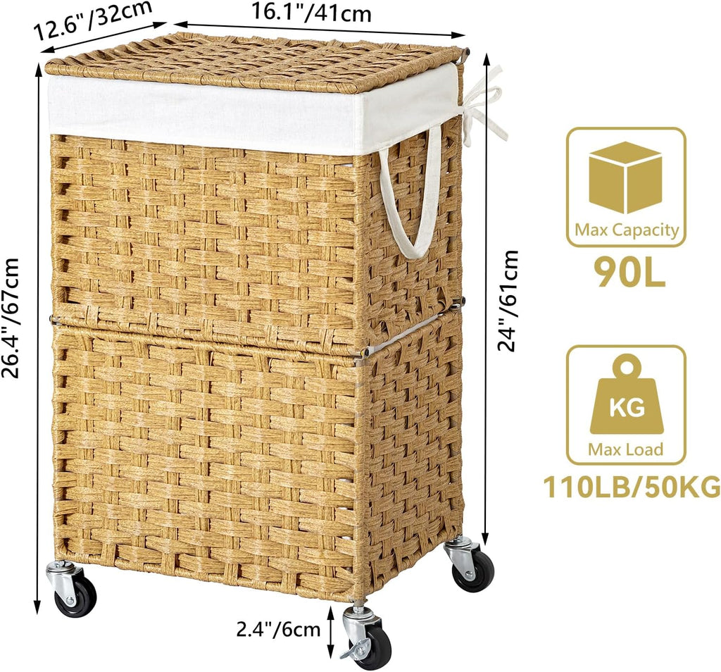 Wicker Laundry Basket with Wheels,Rolling Laundry Hamper with Lid | 90L Slim Clothes Hamper with Wheels & Removable