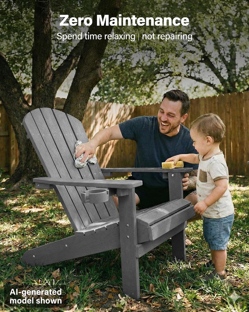 Adirondack Chairs Set of 2 with Cup Holder, Weather Resistant, Grey | HIPS Plastic Outdoor Fire Pit Chairs with Wood