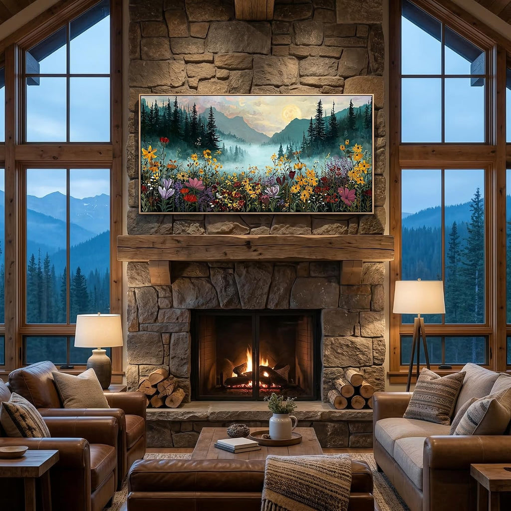 Framed Canvas Wall Art - Mountain Landscape with Wildflowers Wall Decor Moon Over Misty Forest Nature Painting Print