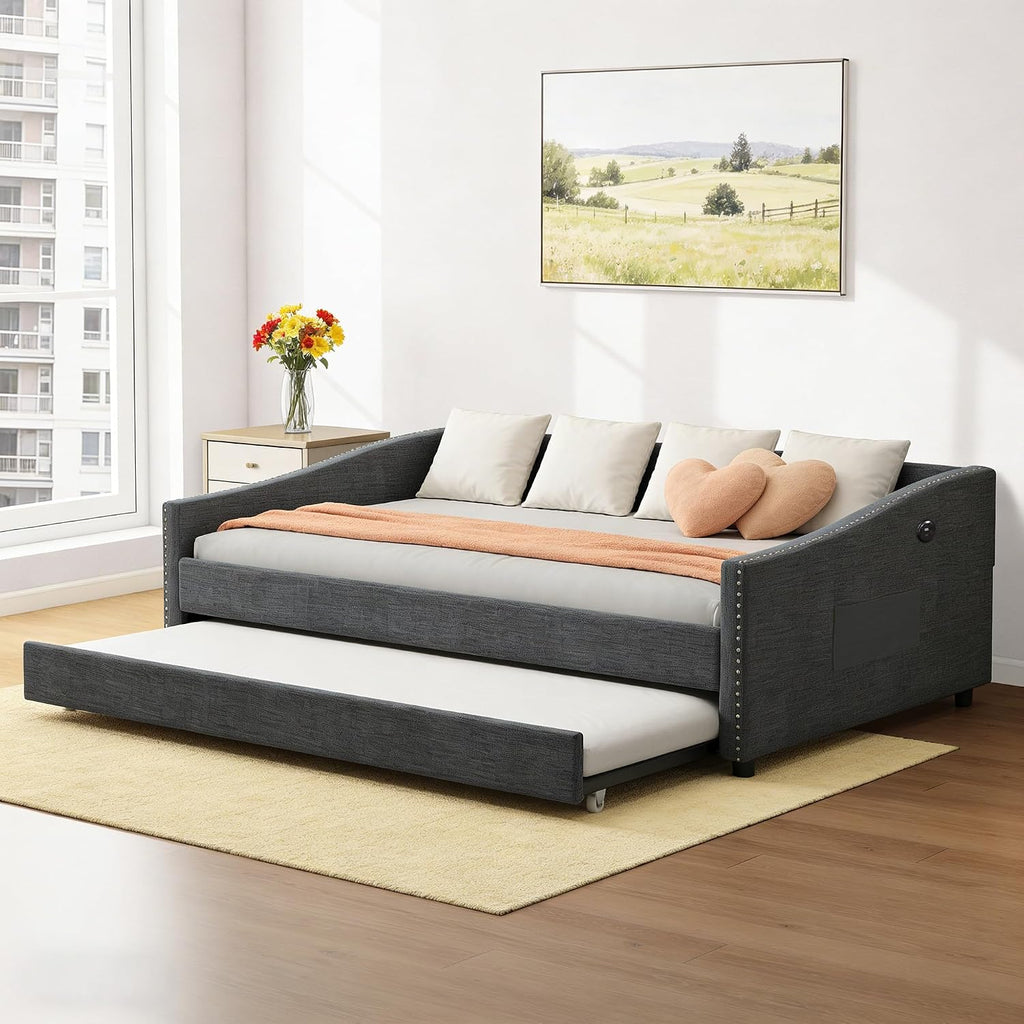 Full Size Daybed with Trundle, USB Port & Side Storage Bag | Linen Fabric, Button Tufted Back, Waved Piping
