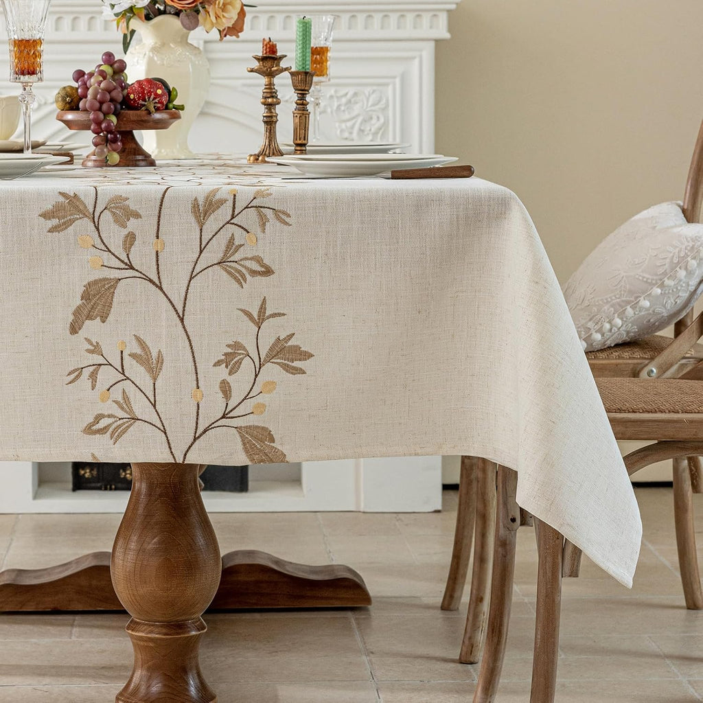 Rustic Waterproof Linen Tablecloth, Heavy Weight Beige Embroidery Table Cloths for Rectangle Tables,