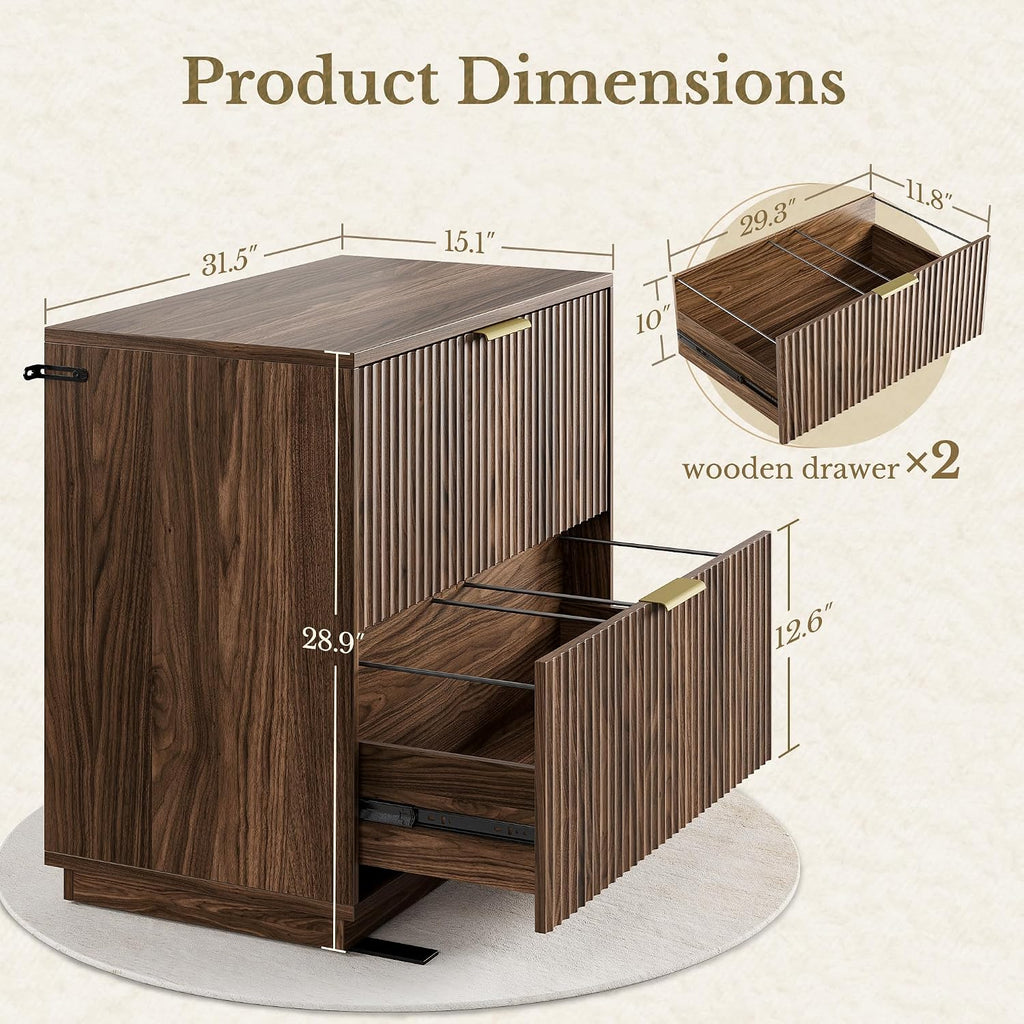 Fluted 2 Drawer Lateral File Cabinet, Black Walnut | 32'' Wood Filing Cabinet , Fits for Legal/Letter/A4 Files