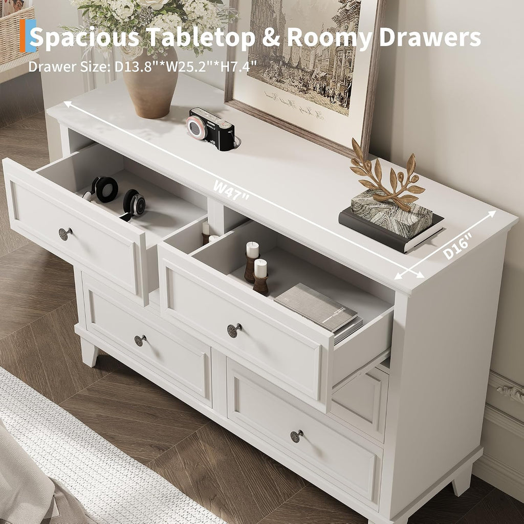 Farmhouse White Dresser with 6 Drawer, Double Dresser TV Stand with Vintage Handle, Wide Wood Dressers & Chests of