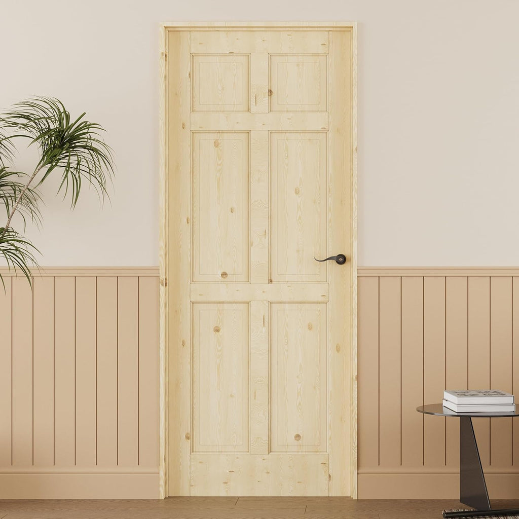 24'' x 80'' 6-Panel Wood Door, Natural Solid Pine Interior Door Slab, Arch Top, Solid Core Wooden Panel w/o Hardware