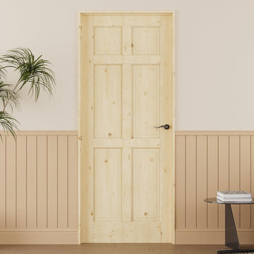 24'' x 80'' 6-Panel Wood Door, Natural Solid Pine Interior Door Slab, Arch Top, Solid Core Wooden Panel w/o Hardware