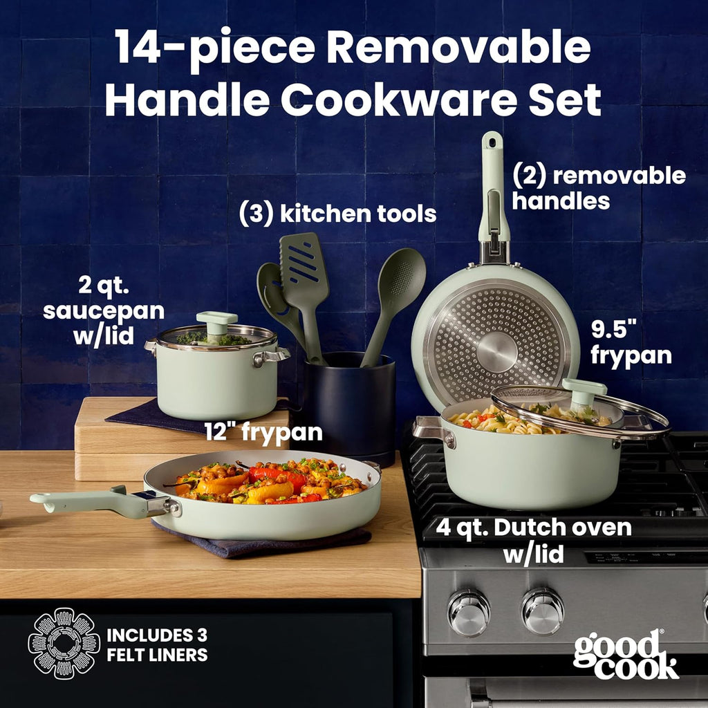 Ceramic Cookware Set 14-Piece with Removable Handles, Nonstick Pots & Pans, Induction & Oven Safe, Sage Green