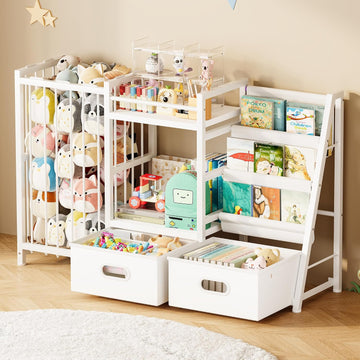 Kids Bookshelf and Toy Storage Organizer with Drawers, 49.3"W×11.8"Dx30.3"H | 3-Tier Book Shelves, 2 Drawers, Stuffed