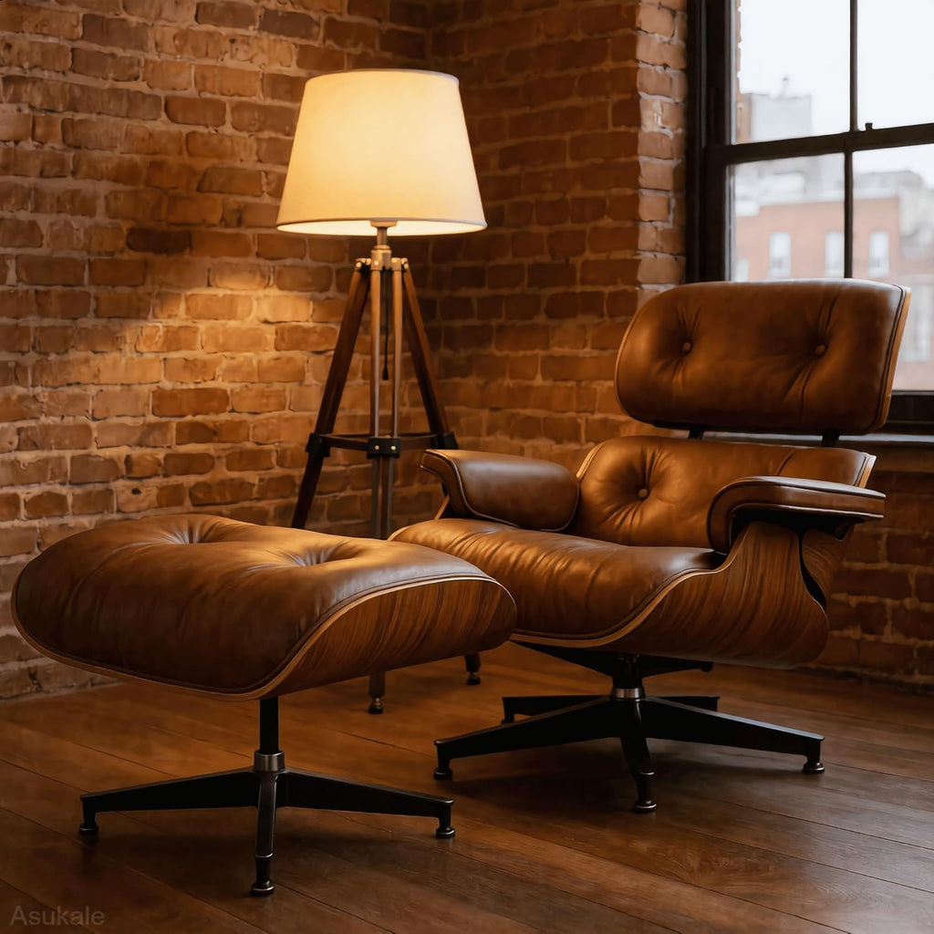 Modern Reading Chair and Ottoman — Brown Leather