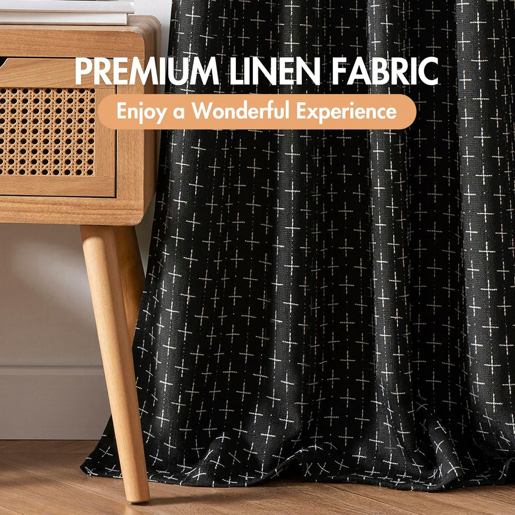 100% Blackout Decorative Linen Curtains with Geometric Pattern, Thick Woven Farmhouse Rustic Patterned Drapes with Back Tab for Bedroom and Living Room, Black, 2 Panels
