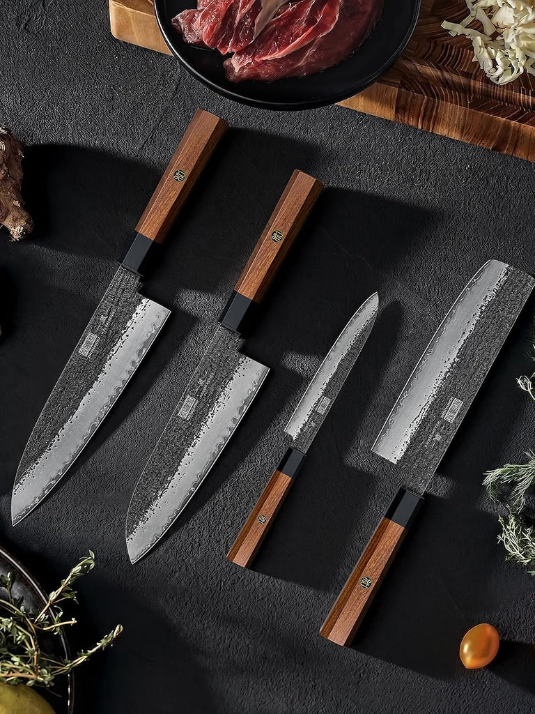 7 Pcs Knife Set with Magnetic Knife Block, Ultra Sharp Knife Set | Hand Forged 9 Layers 10CR15MOV High Carbon Steel