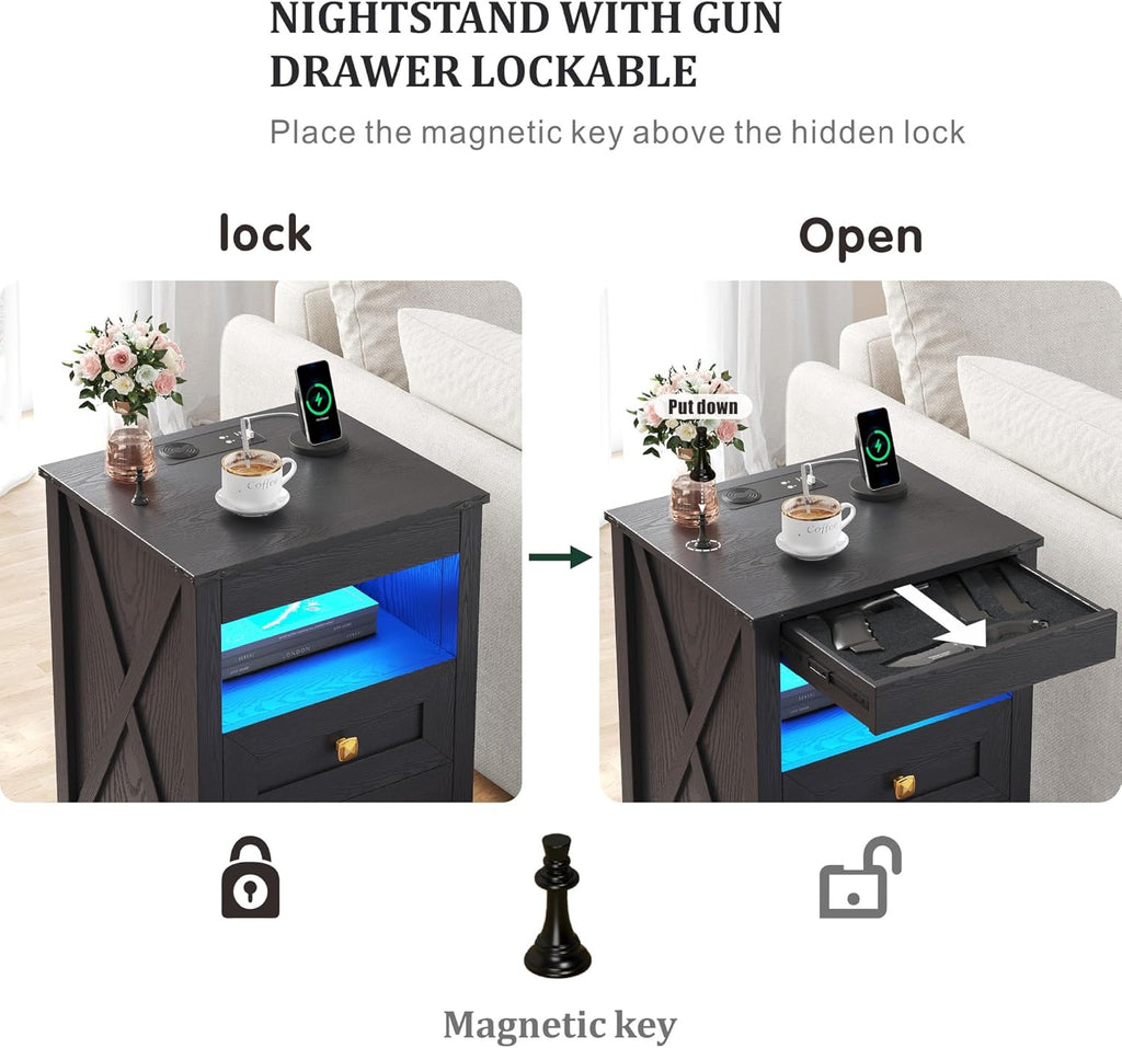Farmhouse LED Nightstand with Gun Drawer&Invisible Lock,Modern Bedside Table with Human Sensor Design,Rustic Side